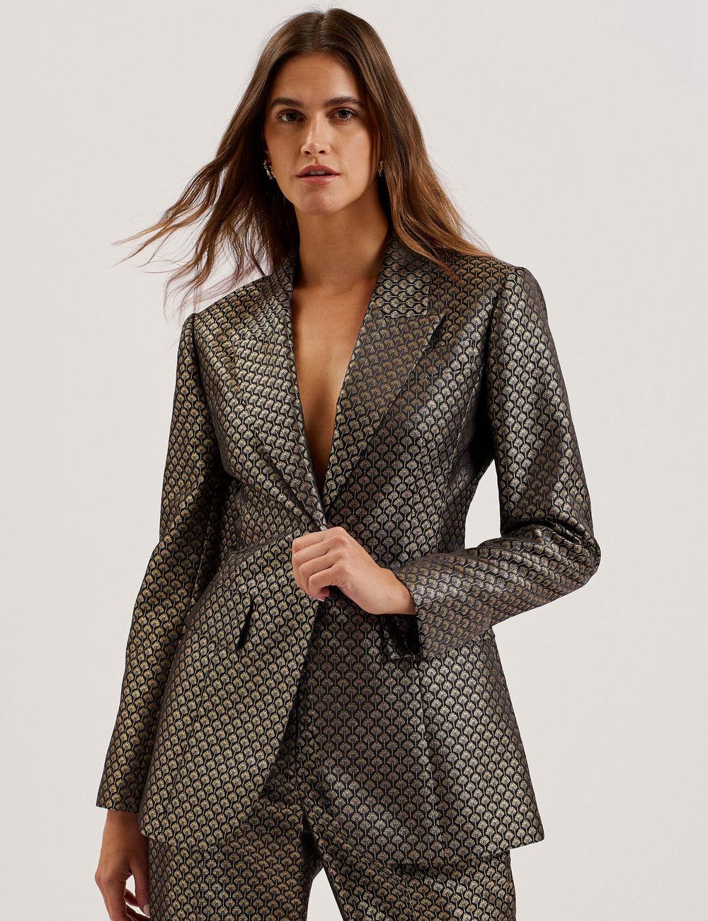Blazer Ted Baker MANGU - Tailored Metallic Jacquard Fitted Femme Noir | Paris  30196-OUIT