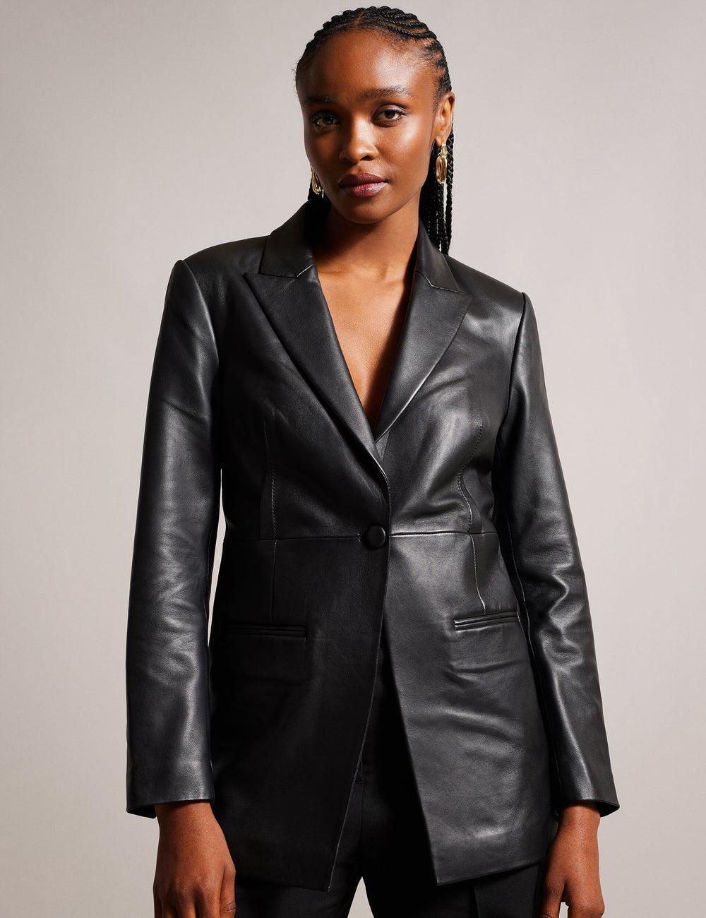 Blazer Ted Baker MELLIIE - Longline Single Breasted Leather Femme Noir | Paris  42396-NYGX