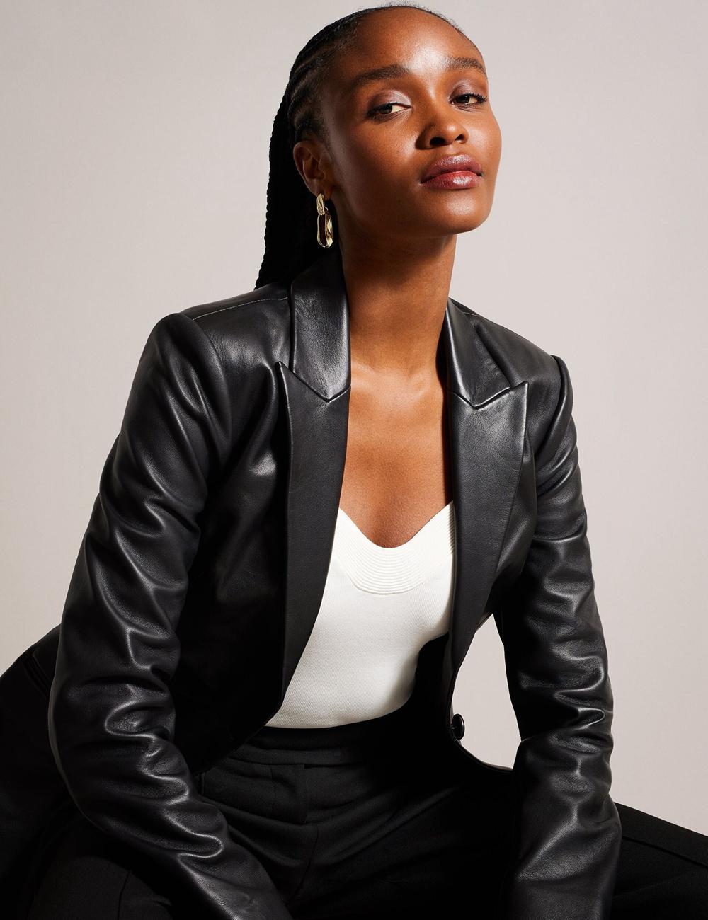 Blazer Ted Baker MELLIIE - Longline Single Breasted Leather Femme Noir | Paris  42396-NYGX