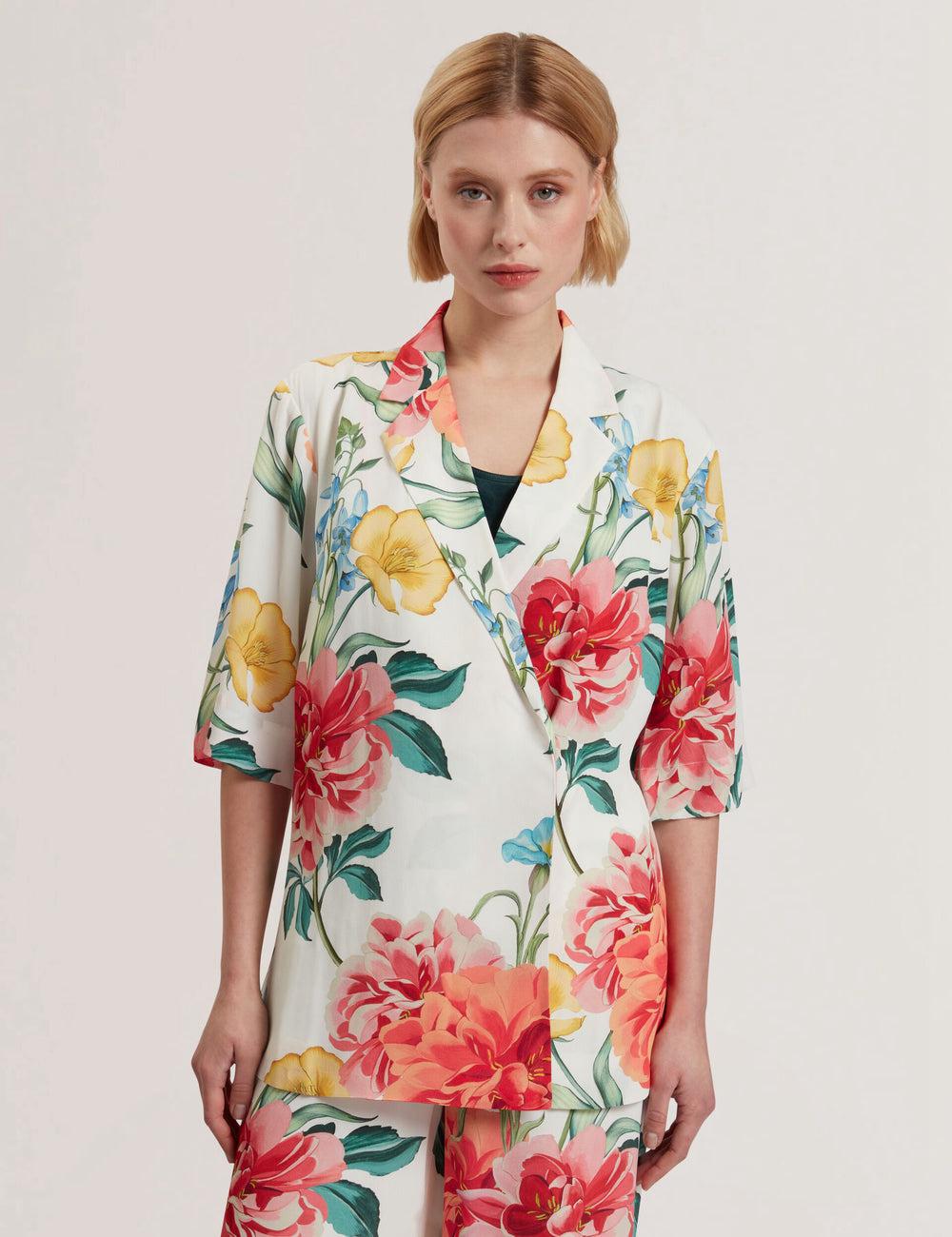 Blazer Ted Baker NYMPHA - Floral Short Sleeve Oversized Femme Blanche | Paris  28903-CYAN