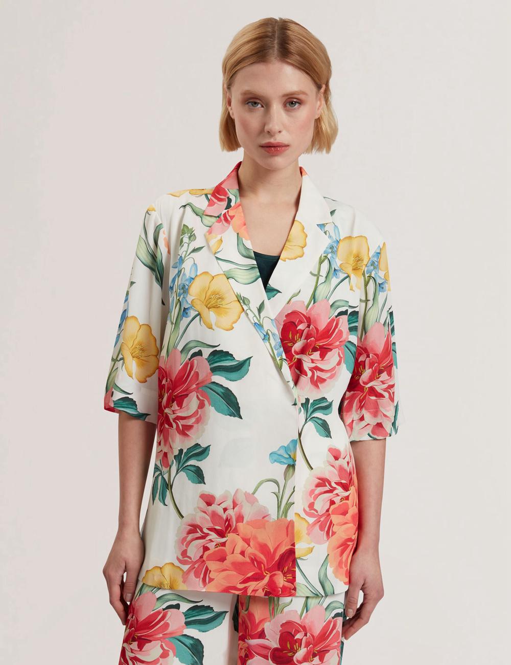 Blazer Ted Baker NYMPHA - Floral Short Sleeve Oversized Femme Blanche | Paris  28903-CYAN