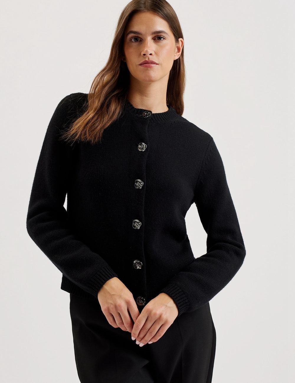 Cardigan Ted Baker JAYCEY - Rose Button Knitted Crew Neck Femme Noir | Paris  29351-JBFR