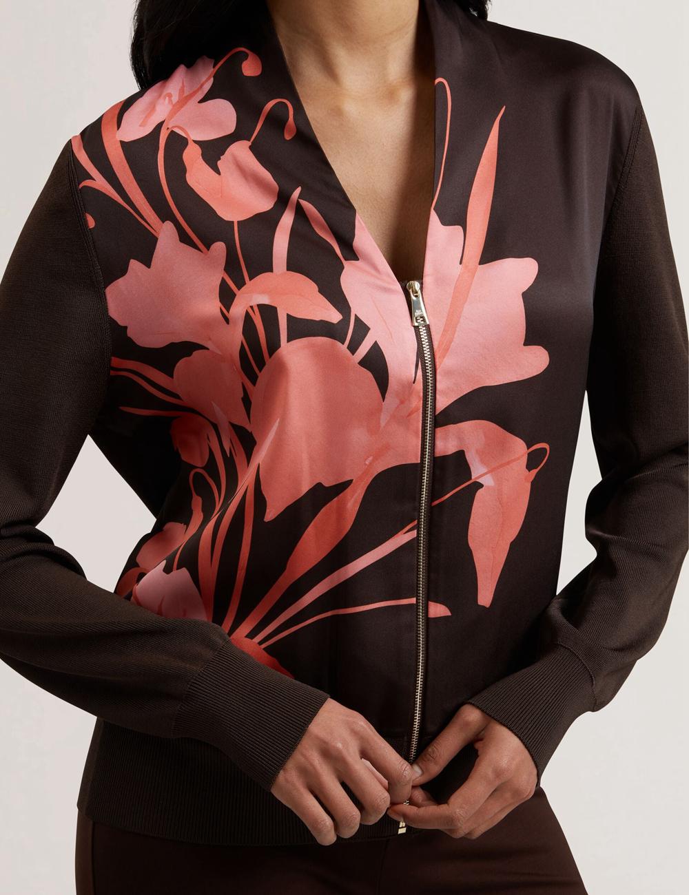 Cardigan Ted Baker MATIINA - Printed Front Zip-Up Bomber Femme Marron | Paris  41986-SBLZ