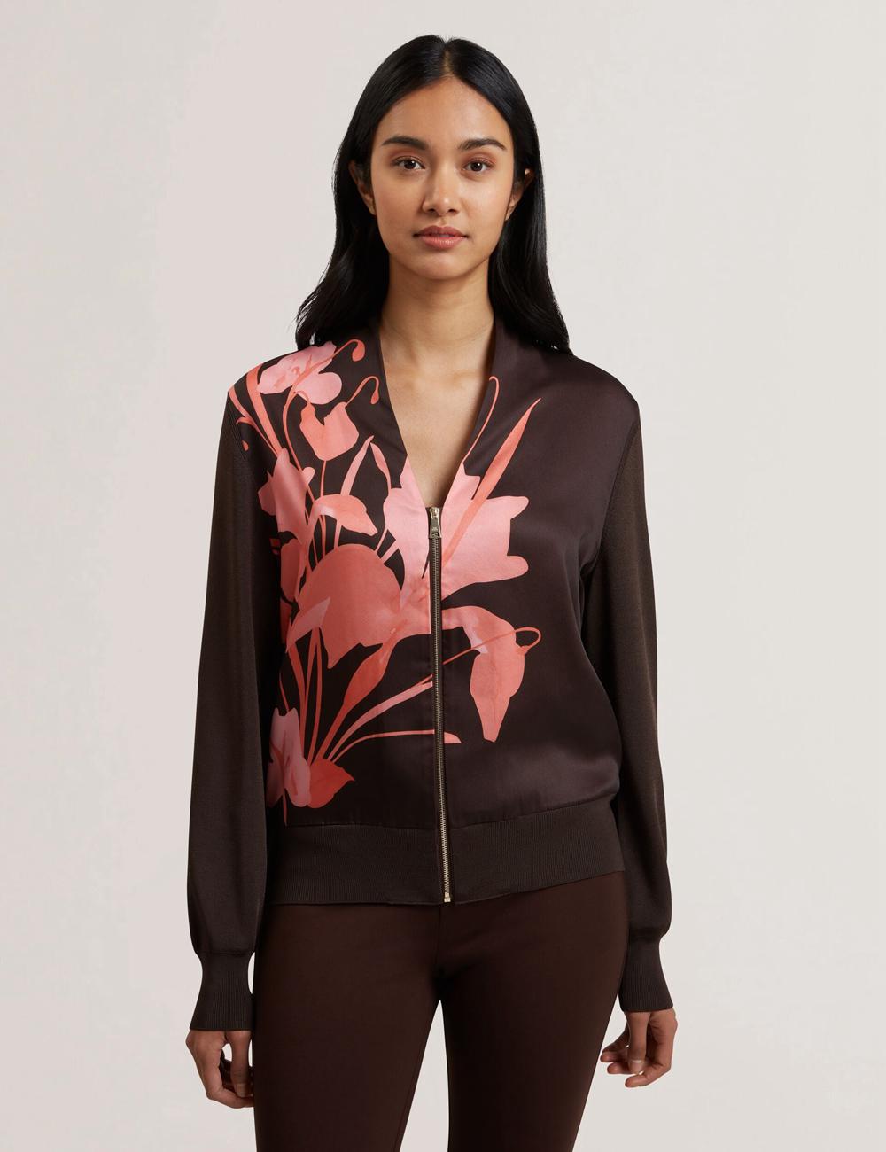 Cardigan Ted Baker MATIINA - Printed Front Zip-Up Bomber Femme Marron | Paris  41986-SBLZ