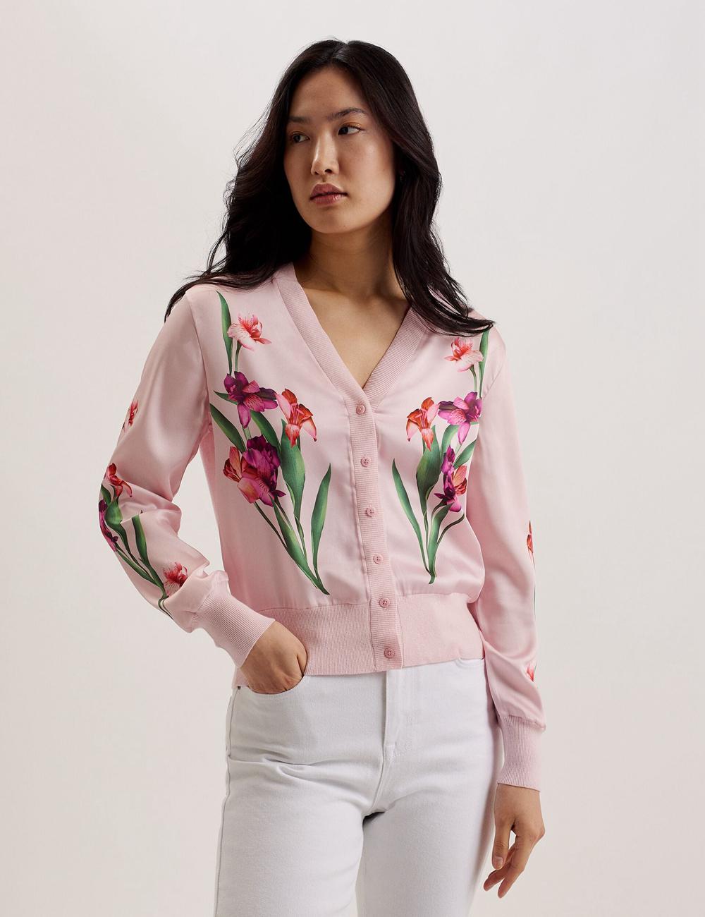 Cardigan Ted Baker MERALLL - Floral Woven Front V-Neck Femme Rose | Paris  45962-PIFW