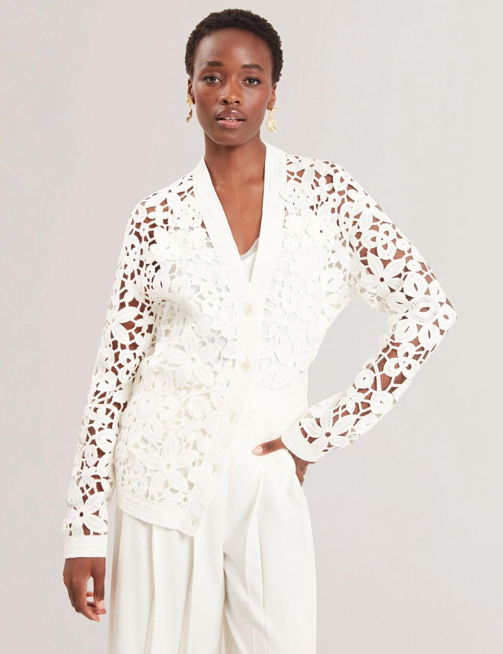 Cardigan Ted Baker TARLI - Crochet Open Knit Longline Femme Blanche | Paris  49576-BQWP