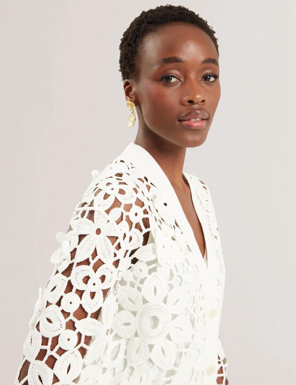 Cardigan Ted Baker TARLI - Crochet Open Knit Longline Femme Blanche | Paris  49576-BQWP