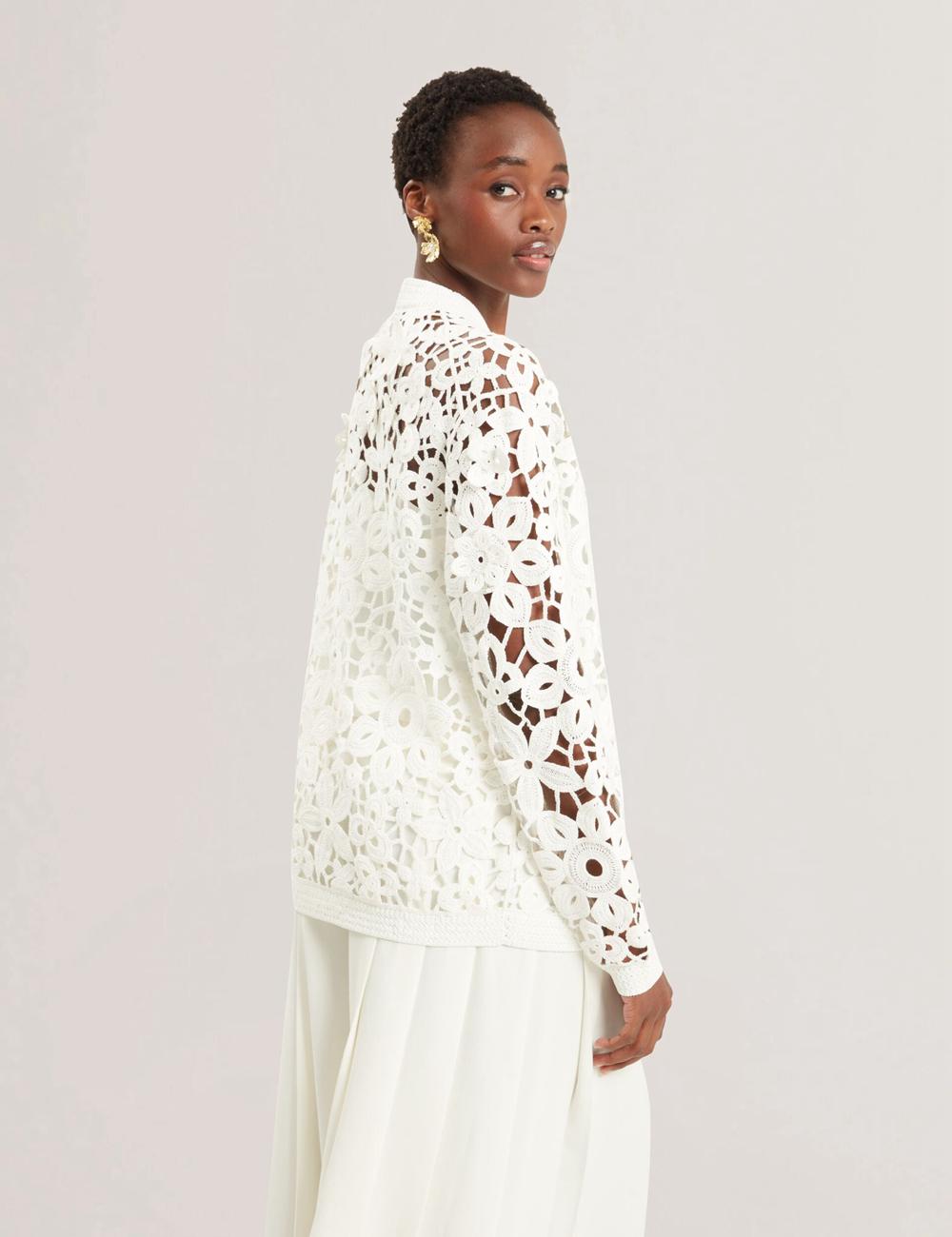 Cardigan Ted Baker TARLI - Crochet Open Knit Longline Femme Blanche | Paris  49576-BQWP