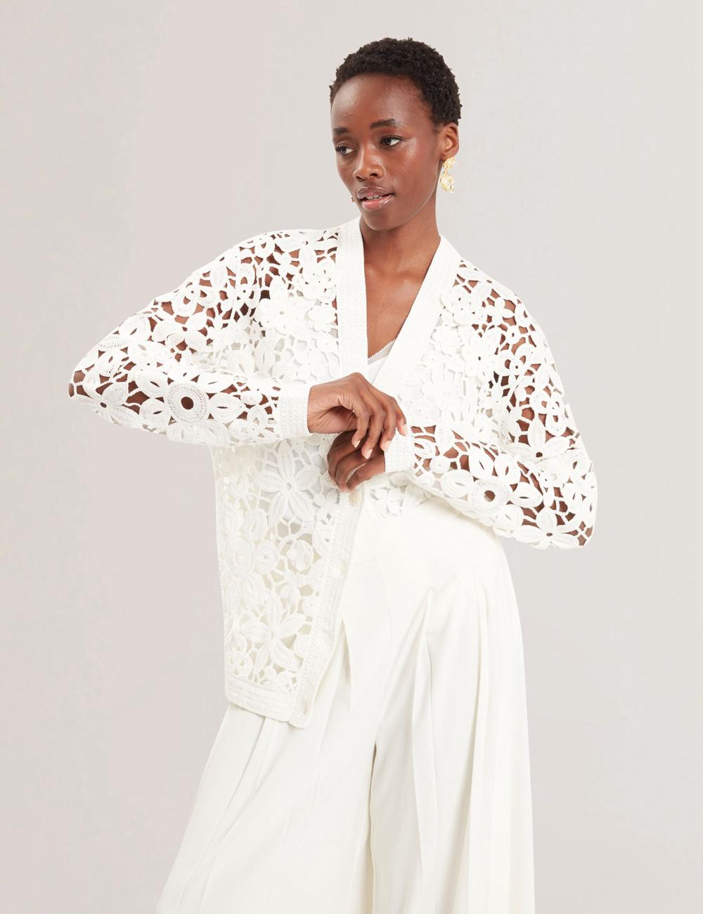Cardigan Ted Baker TARLI - Crochet Open Knit Longline Femme Blanche | Paris  49576-BQWP