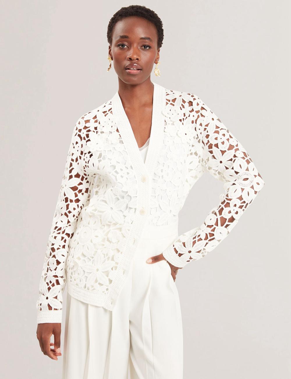 Cardigan Ted Baker TARLI - Crochet Open Knit Longline Femme Blanche | Paris  49576-BQWP