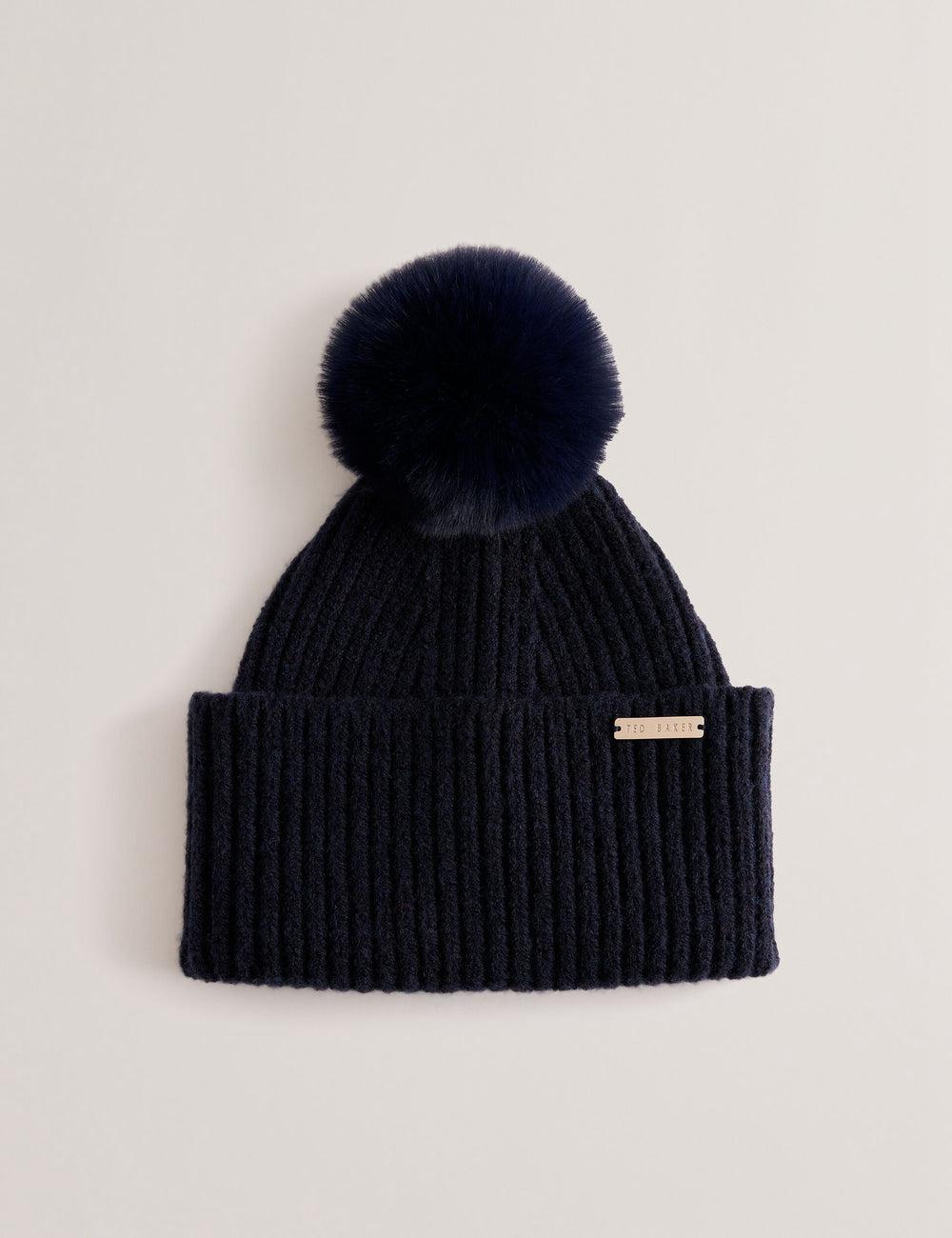 Chapeaux Ted Baker EMILYYA - Ribbed Knit Fluffy Bobble Femme Bleu Marine | Paris  64829-GHSV