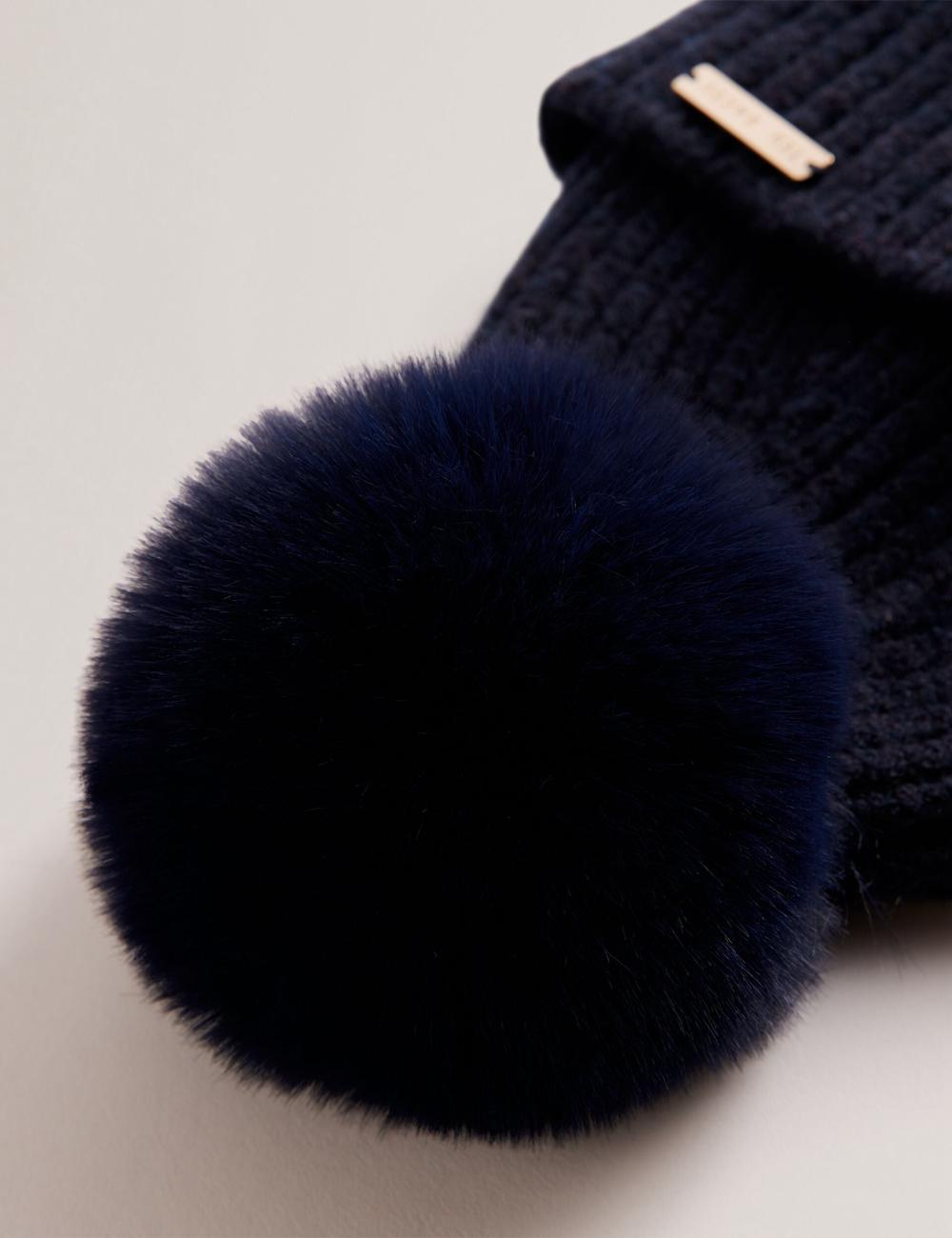 Chapeaux Ted Baker EMILYYA - Ribbed Knit Fluffy Bobble Femme Bleu Marine | Paris  64829-GHSV