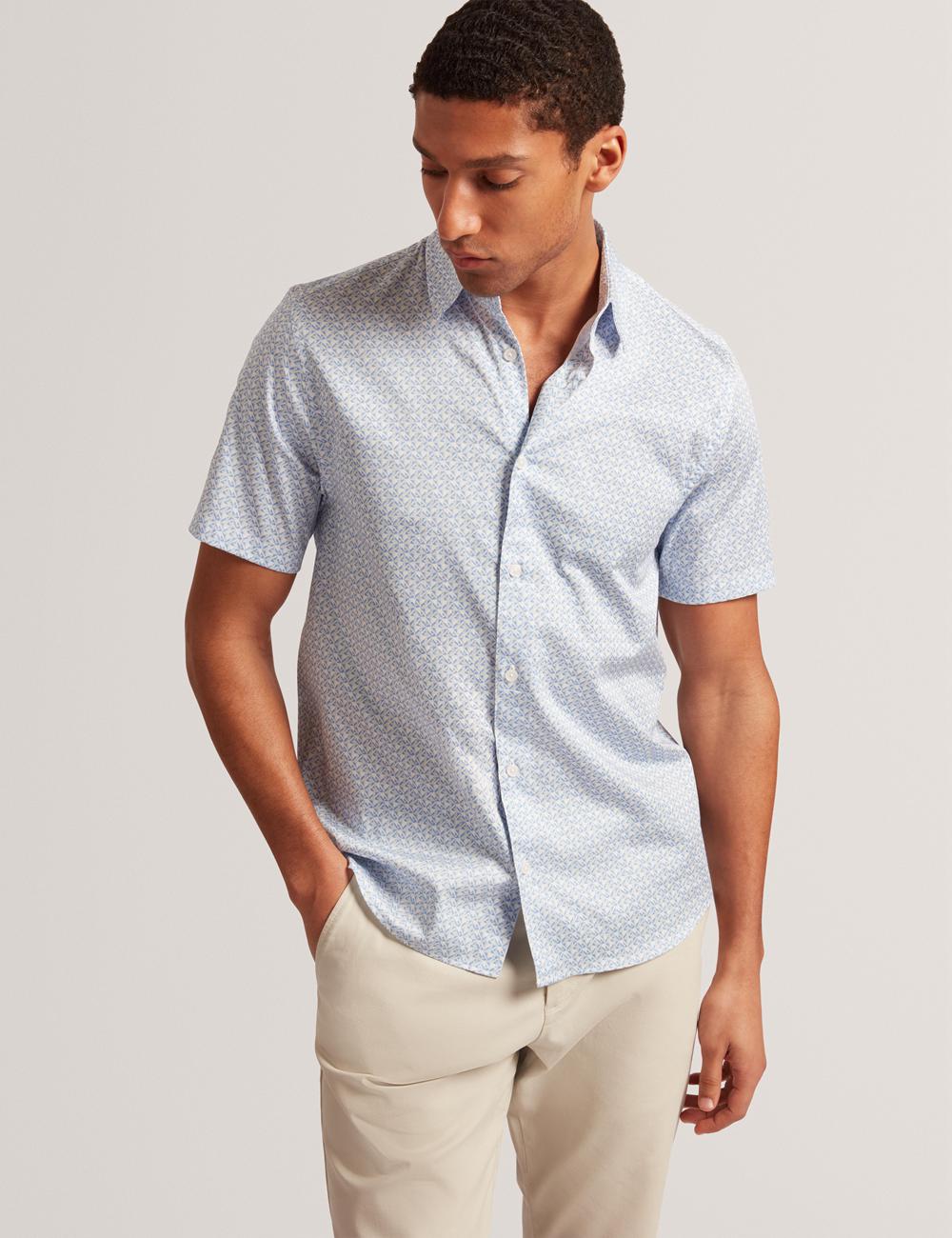 Chemises Ted Baker ALPHSO - SS Regular Fit Geo Homme Bleu | Paris  84695-QUSF