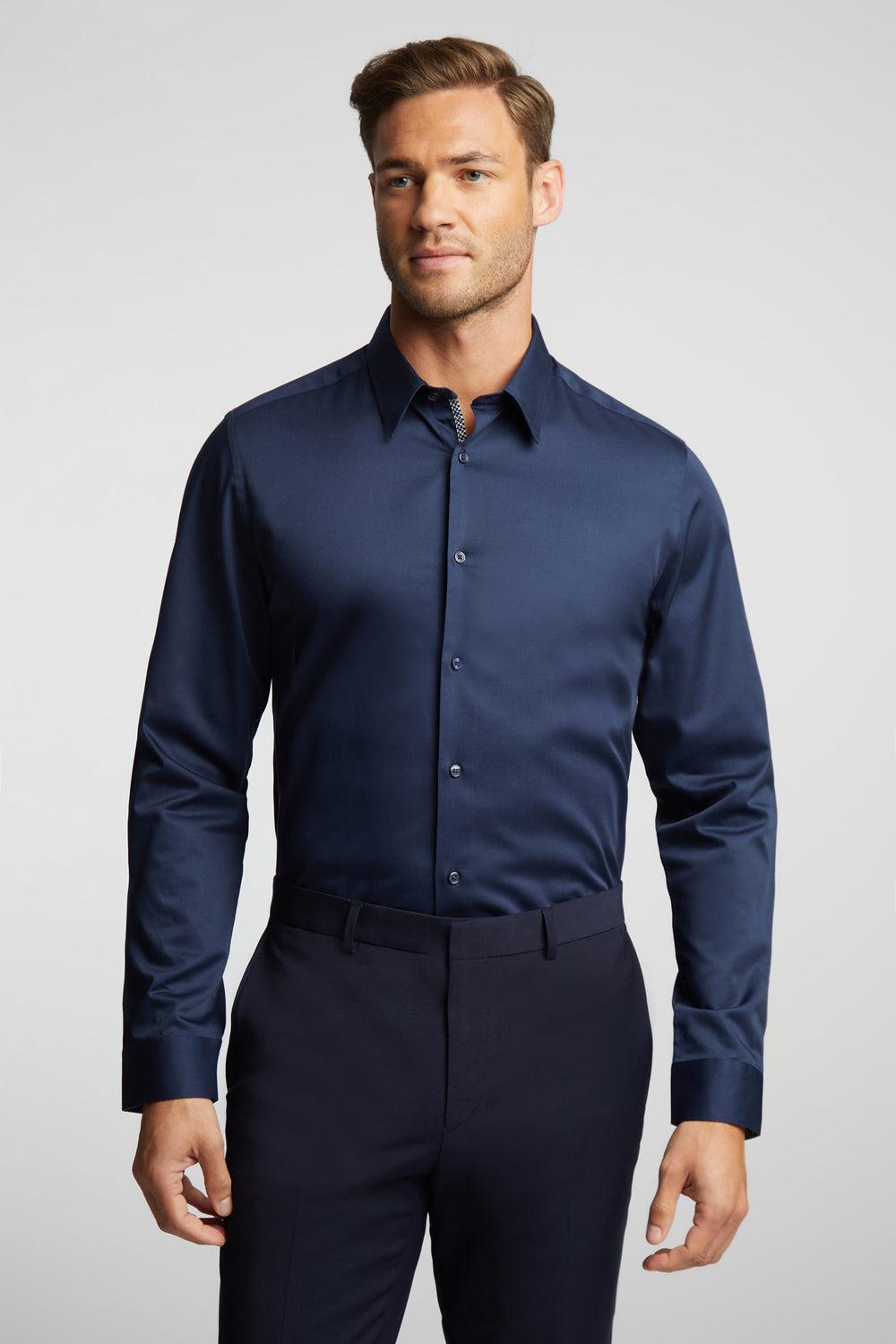 Chemises Ted Baker DUDDON - Navy Slim Fit Long Sleeve Cotton Homme Bleu Marine | Paris  40628-UYNS