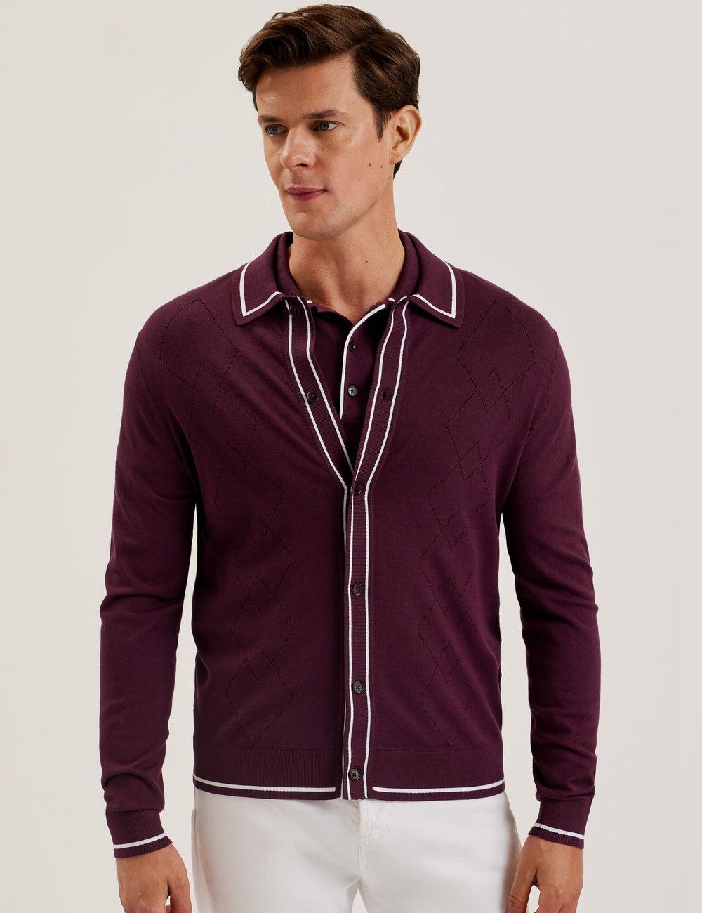 Chemises Ted Baker ELMDON - Pointelle Diamond Knitted Long Sleeve Homme Bordeaux | Paris  74610-OXER