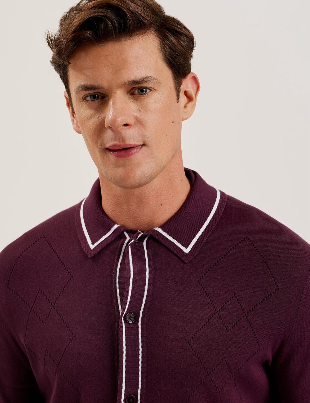 Chemises Ted Baker ELMDON - Pointelle Diamond Knitted Long Sleeve Homme Bordeaux | Paris  74610-OXER