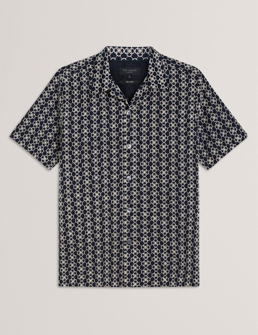 Chemises Ted Baker FINLAYS - Short Sleeve Relaxed Embroidered Homme Bleu Marine | Paris  87365-TYIO
