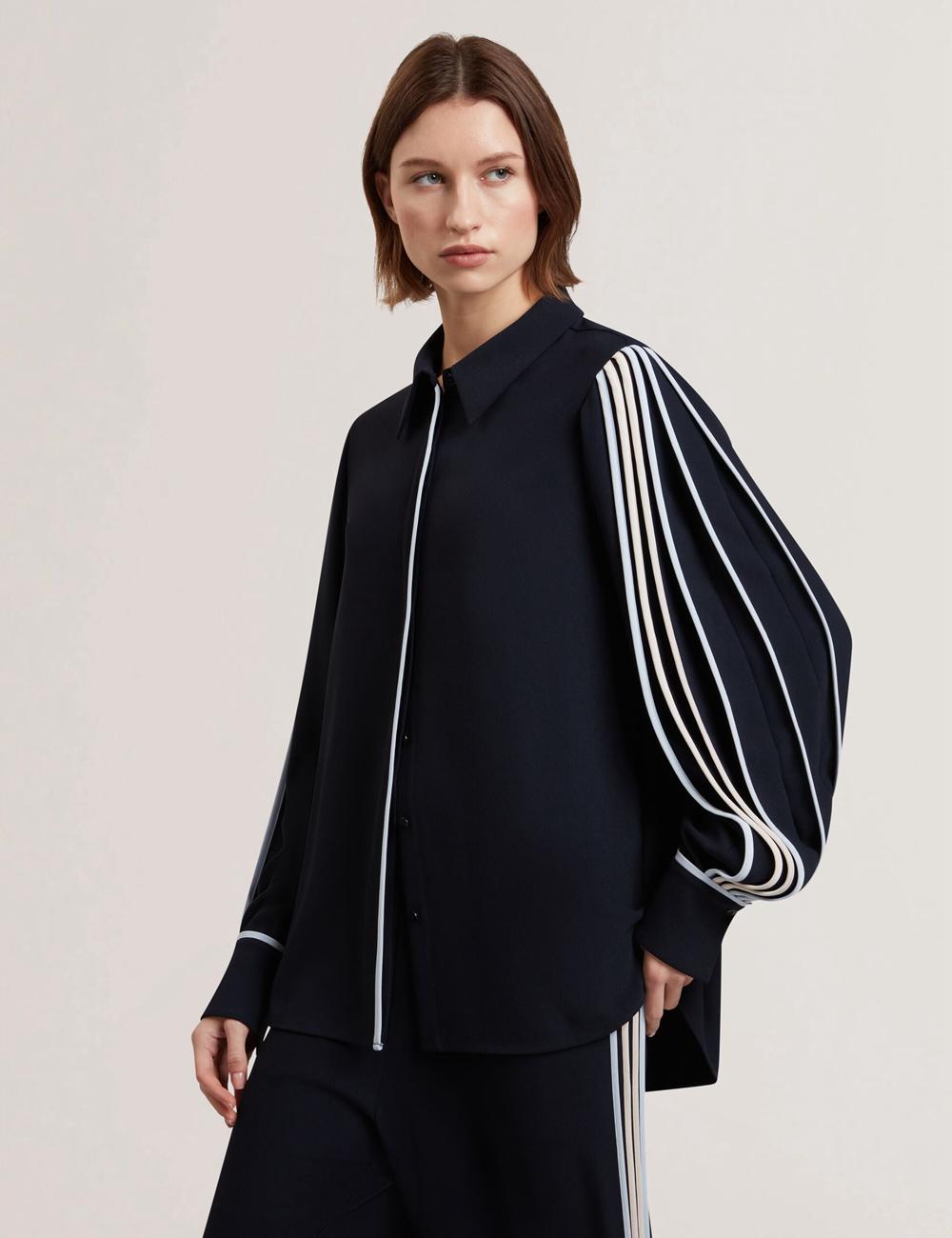 Chemises Ted Baker MIRITI - Contrast Piping Detail Long Sleeve Femme Bleu Marine | Paris  95681-OHZC