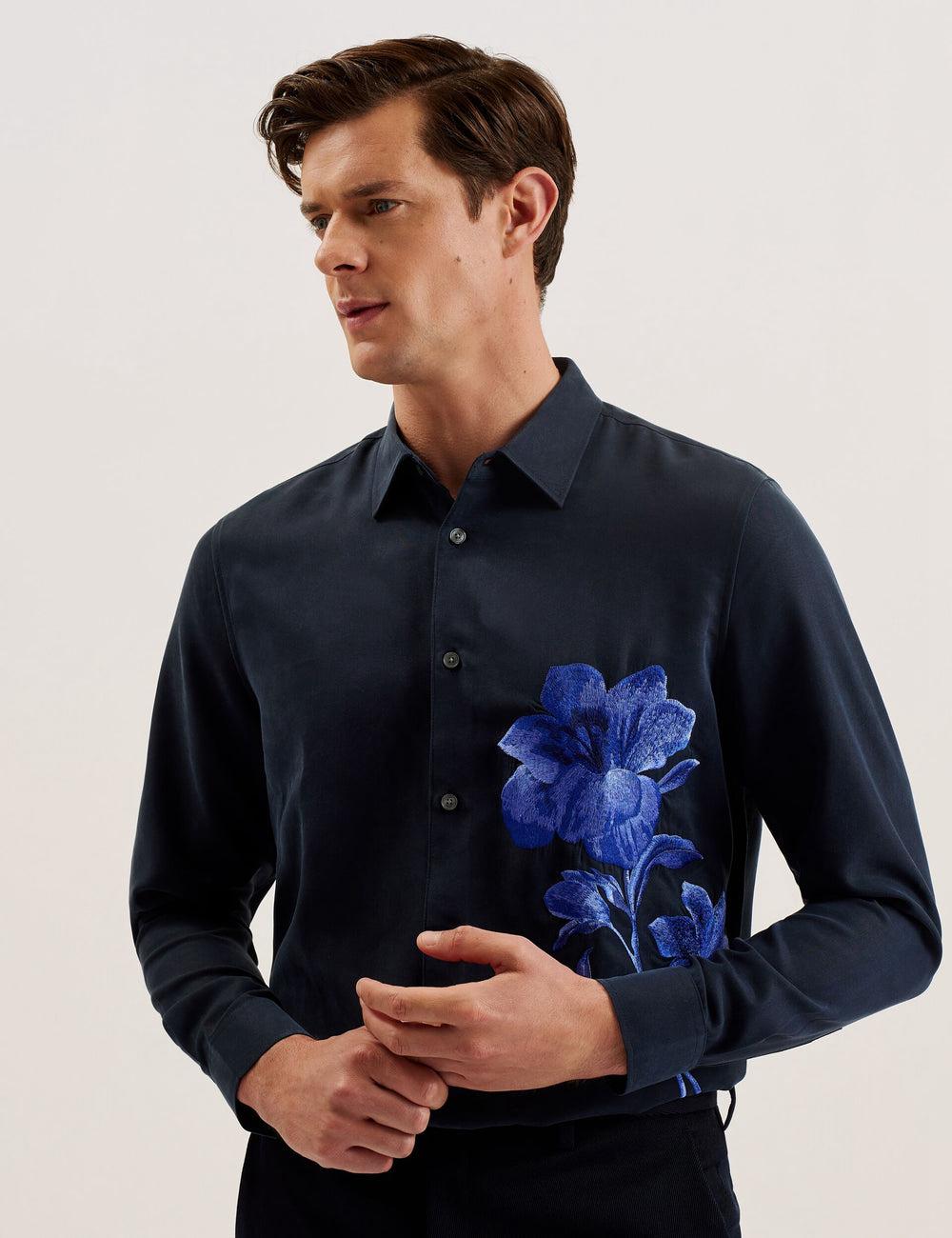 Chemises Ted Baker NESSMEN - Embroidered Detail Relaxed Fit Homme Bleu Marine | Paris  73184-ALGT
