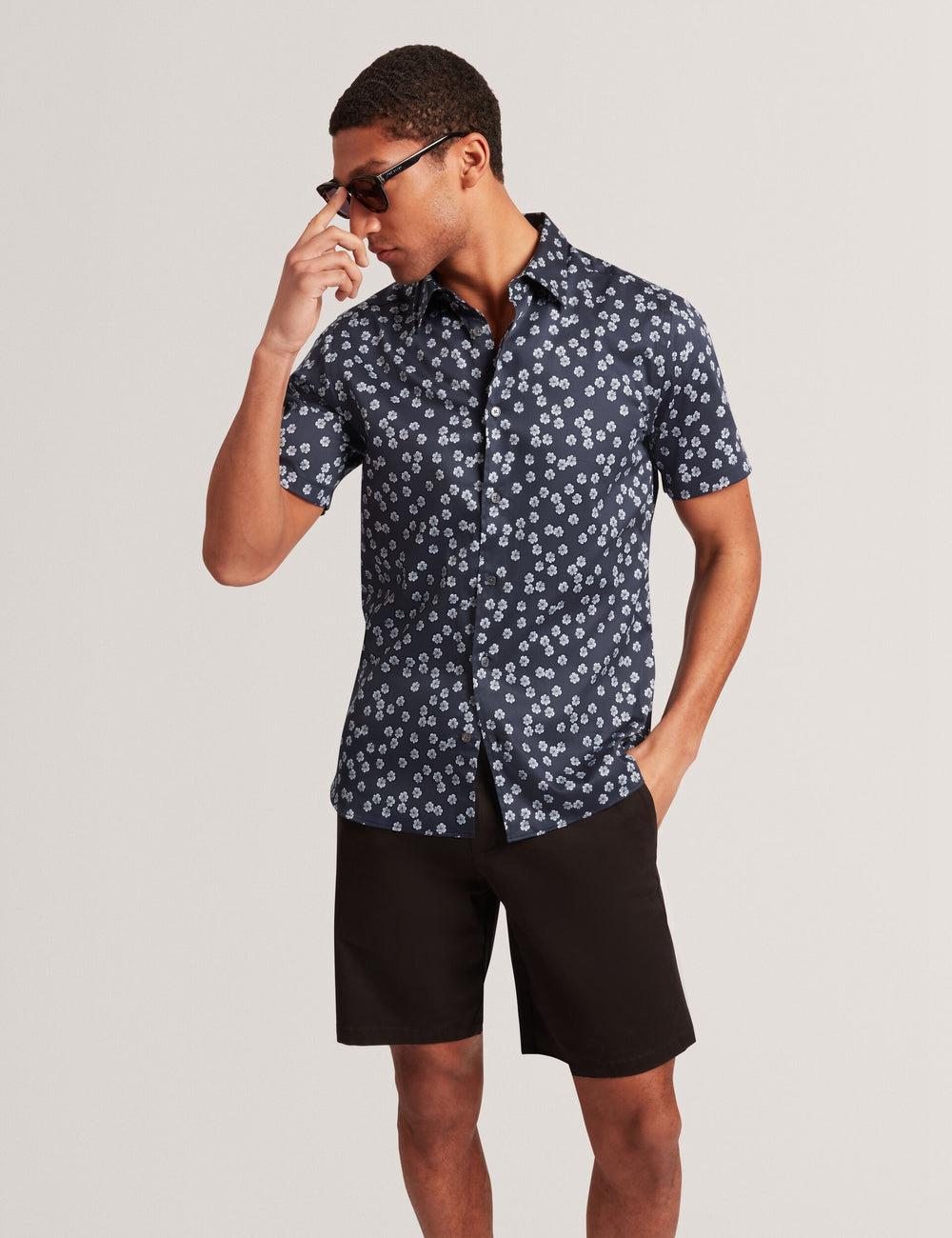 Chemises Ted Baker NIKSHO - Short Sleeve Slim Ditsy Floral Homme Bleu Marine | Paris  87640-PSKR