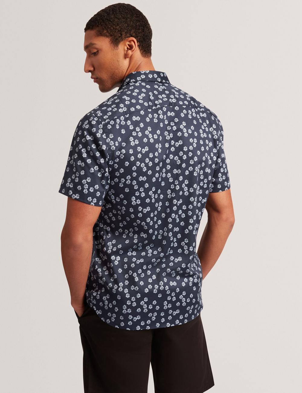 Chemises Ted Baker NIKSHO - Short Sleeve Slim Ditsy Floral Homme Bleu Marine | Paris  87640-PSKR