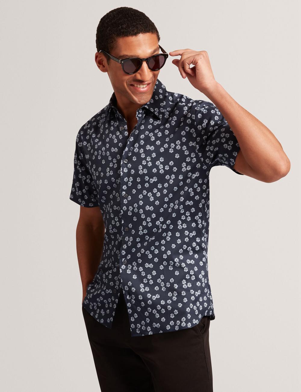 Chemises Ted Baker NIKSHO - Short Sleeve Slim Ditsy Floral Homme Bleu Marine | Paris  87640-PSKR