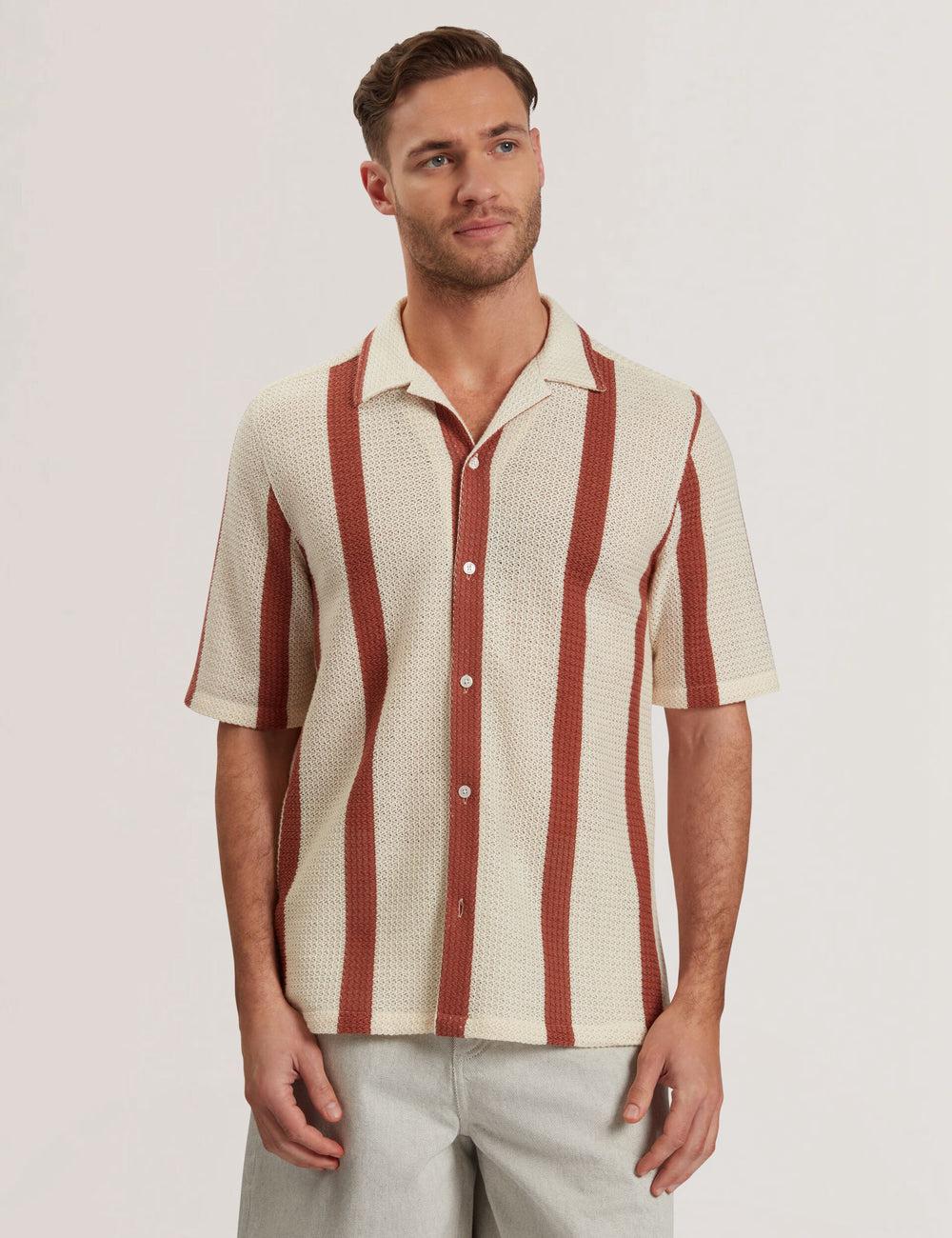 Chemises Ted Baker NIKS - Short Sleeve Stripe Crochet Oversized Homme Taupe | Paris  70854-QOAW