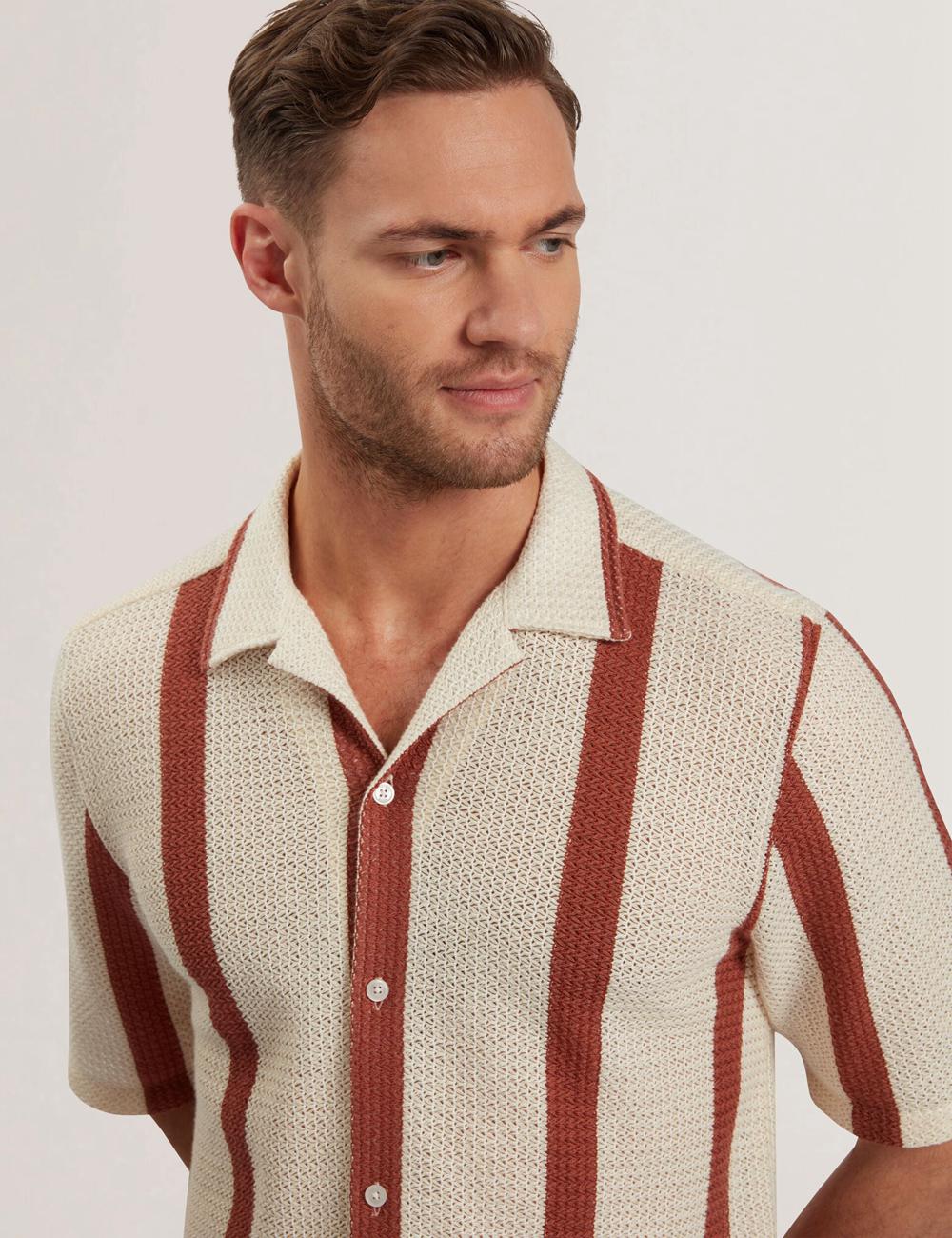 Chemises Ted Baker NIKS - Short Sleeve Stripe Crochet Oversized Homme Taupe | Paris  70854-QOAW