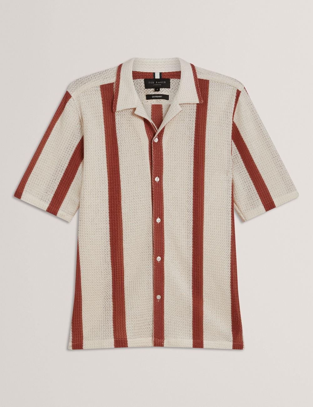 Chemises Ted Baker NIKS - Short Sleeve Stripe Crochet Oversized Homme Taupe | Paris  70854-QOAW
