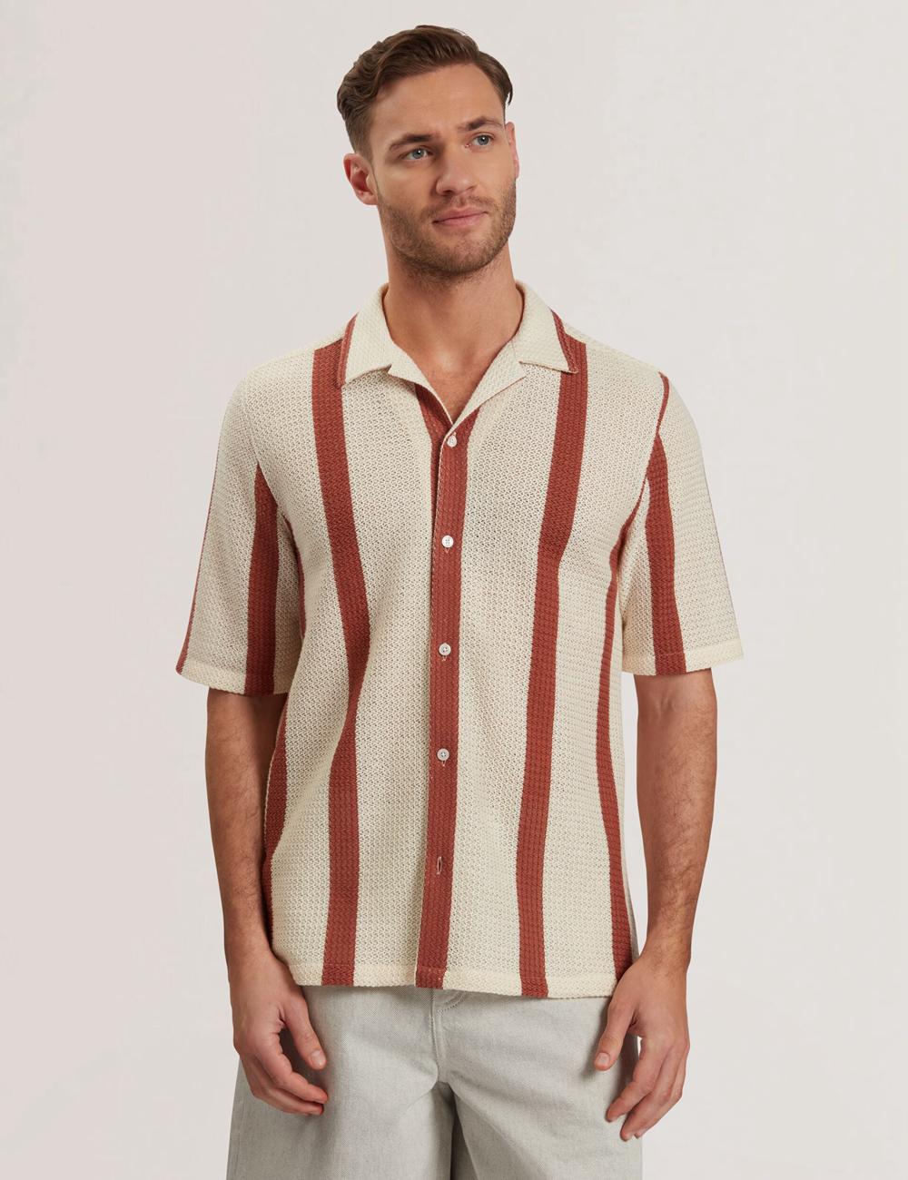 Chemises Ted Baker NIKS - Short Sleeve Stripe Crochet Oversized Homme Taupe | Paris  70854-QOAW