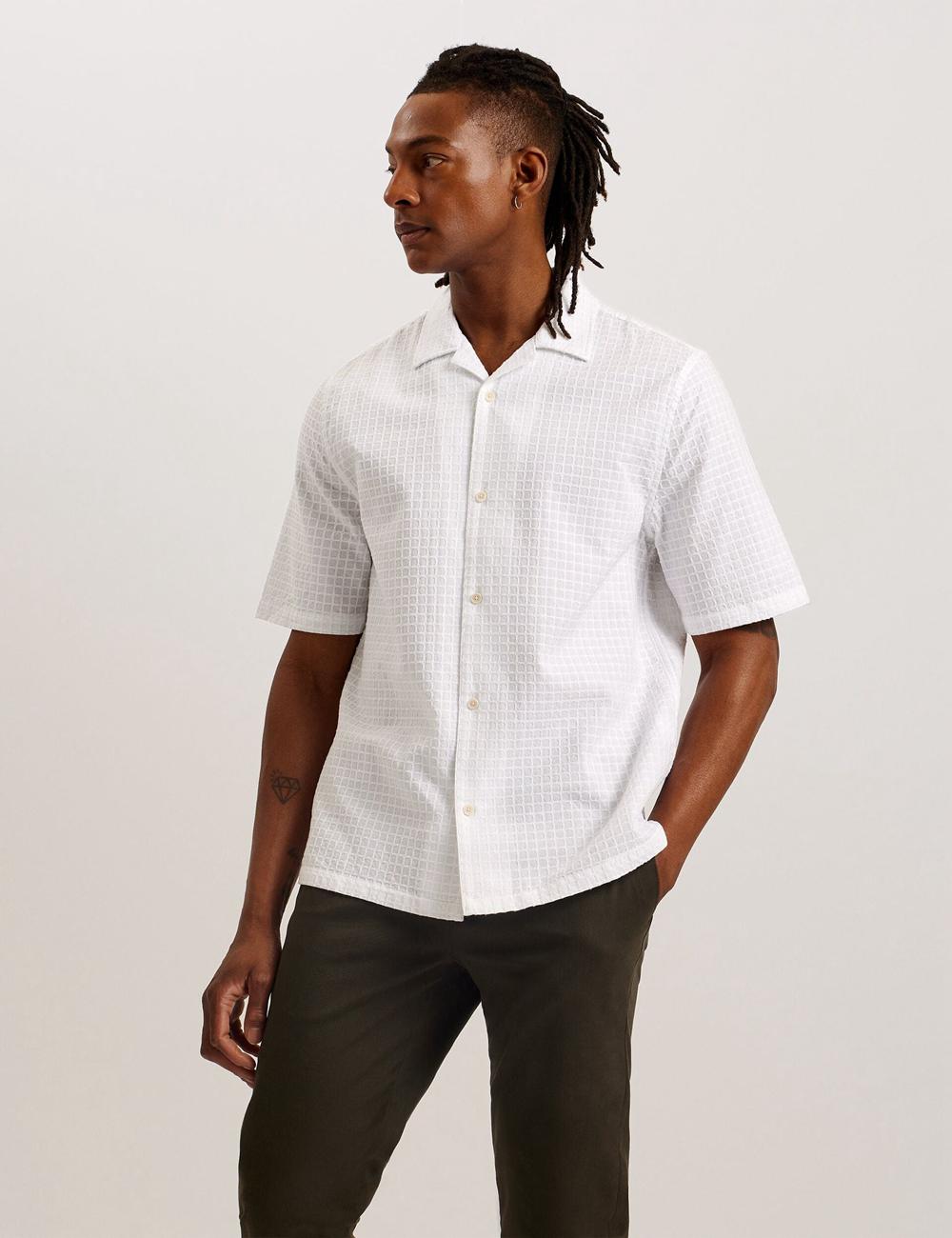 Chemises Ted Baker OISE - Textured Grid Cotton Short Sleeve Homme Blanche | Paris  96147-CMWE
