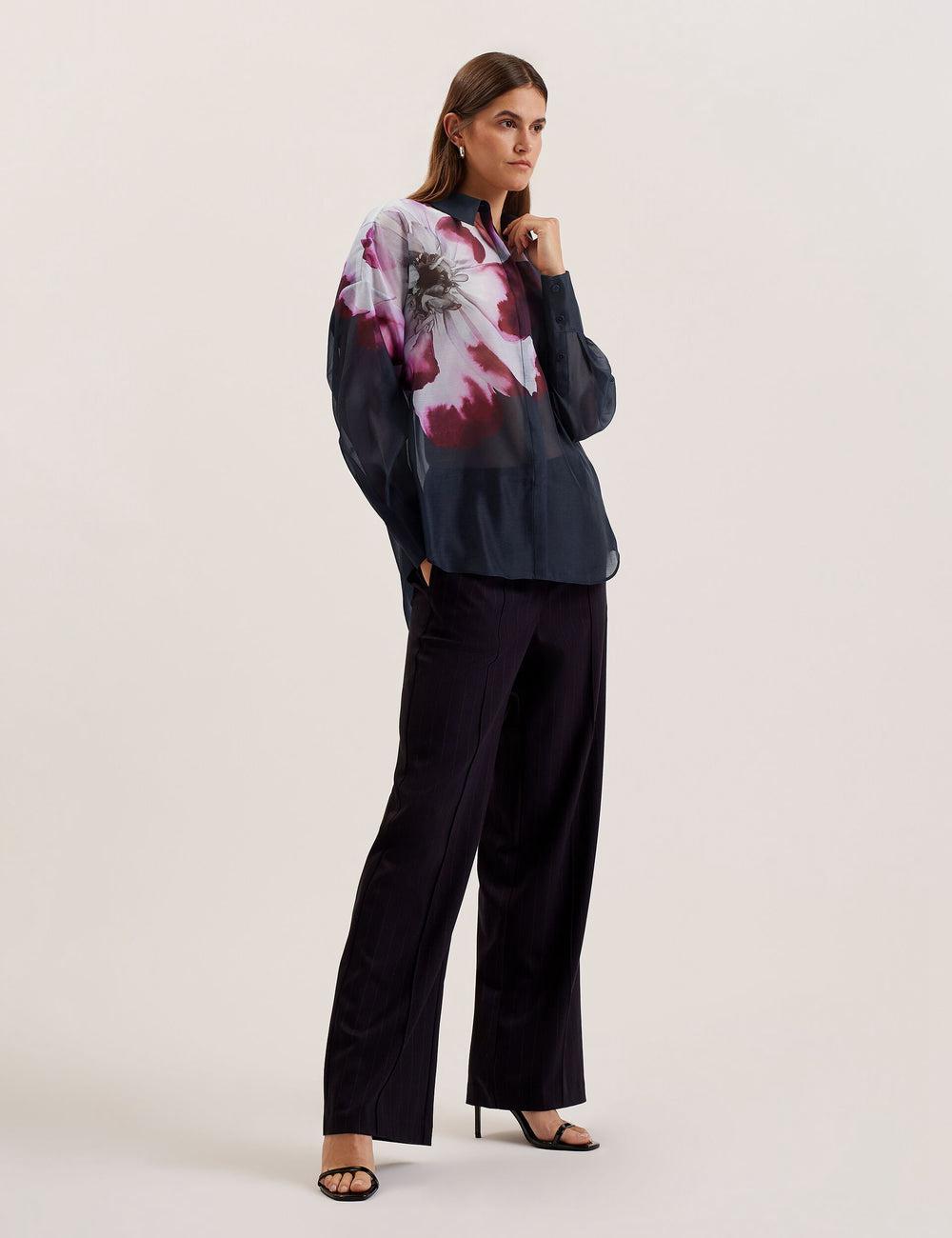 Chemises Ted Baker ORRIN - Floral Sheer Organza Oversized Femme Bleu Marine | Paris  70541-LOIN