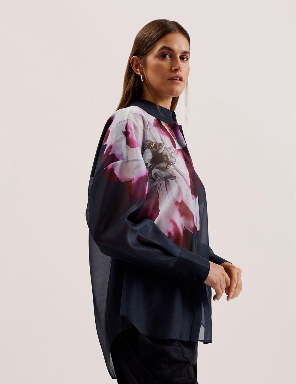 Chemises Ted Baker ORRIN - Floral Sheer Organza Oversized Femme Bleu Marine | Paris  70541-LOIN