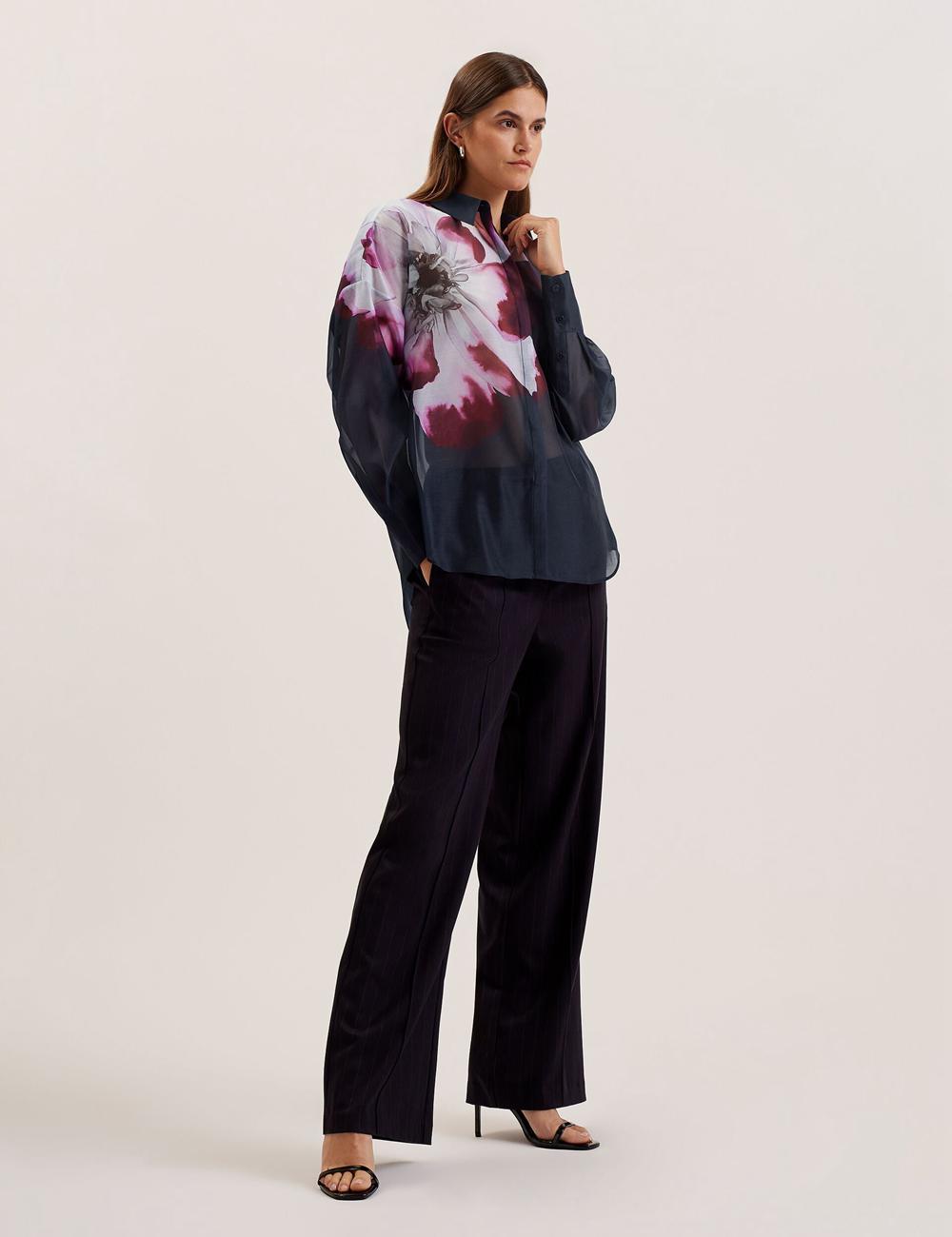Chemises Ted Baker ORRIN - Floral Sheer Organza Oversized Femme Bleu Marine | Paris  70541-LOIN