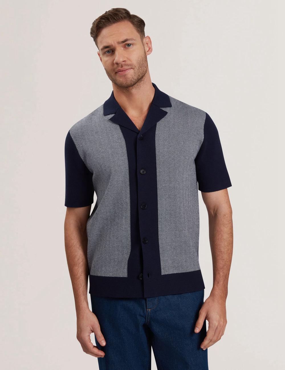 Chemises Ted Baker PADRIG - Herringbone Knit Colour Block Short Sleeve Homme Bleu Marine | Paris  59021-FPHZ