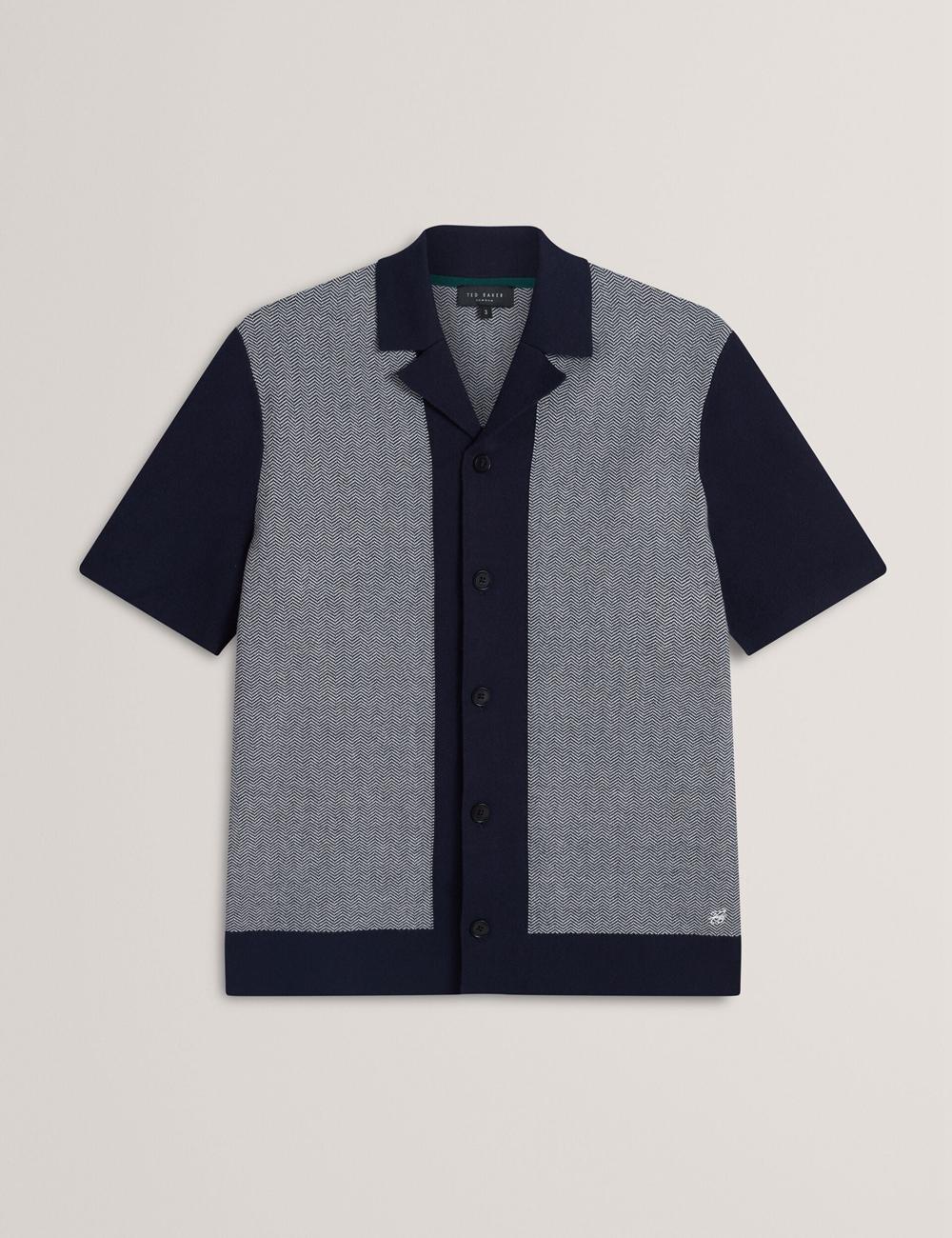 Chemises Ted Baker PADRIG - Herringbone Knit Colour Block Short Sleeve Homme Bleu Marine | Paris  59021-FPHZ