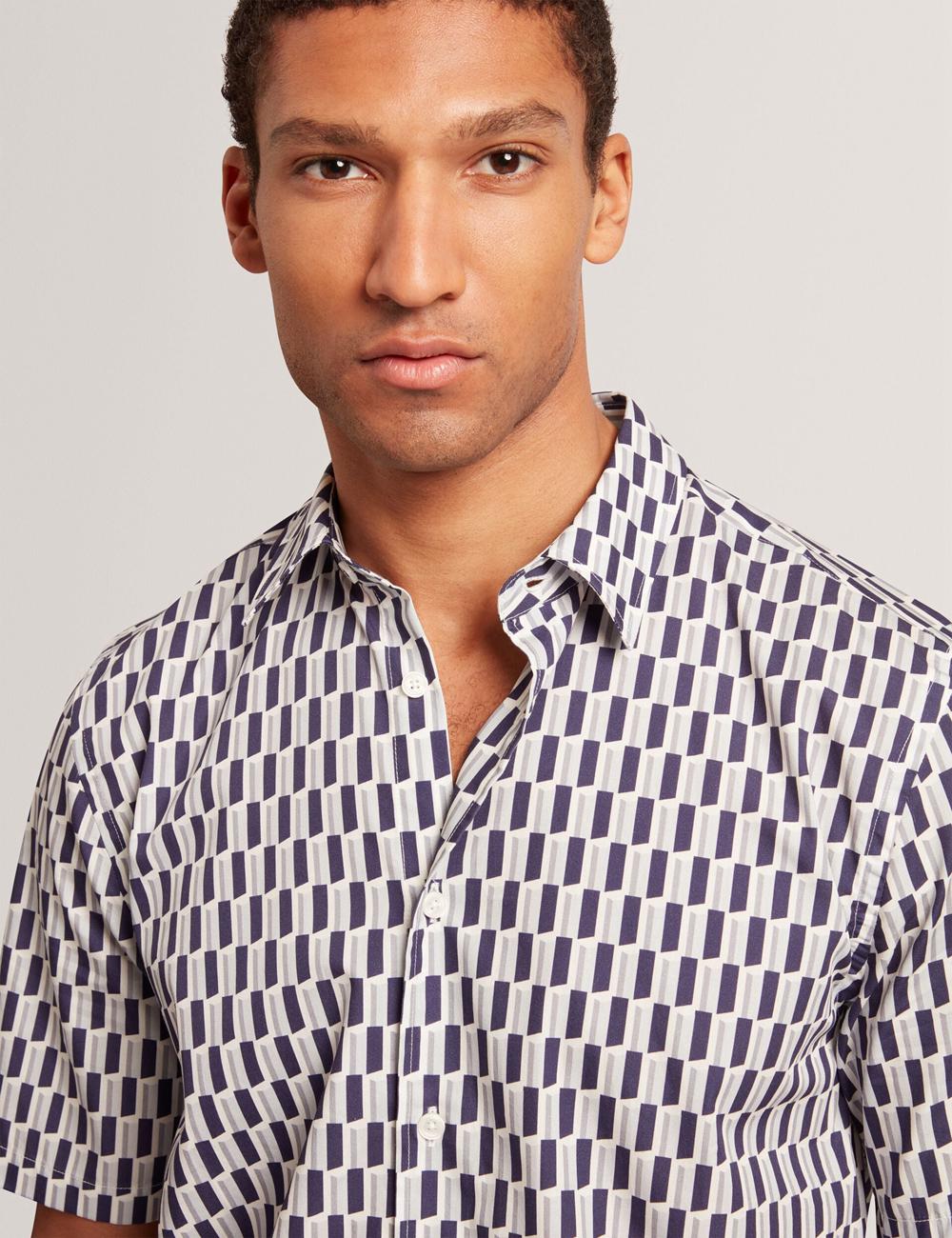 Chemises Ted Baker PEARSOS - Geo Print Short Sleeve Cotton Homme Bleu Marine | Paris  27605-BMKP