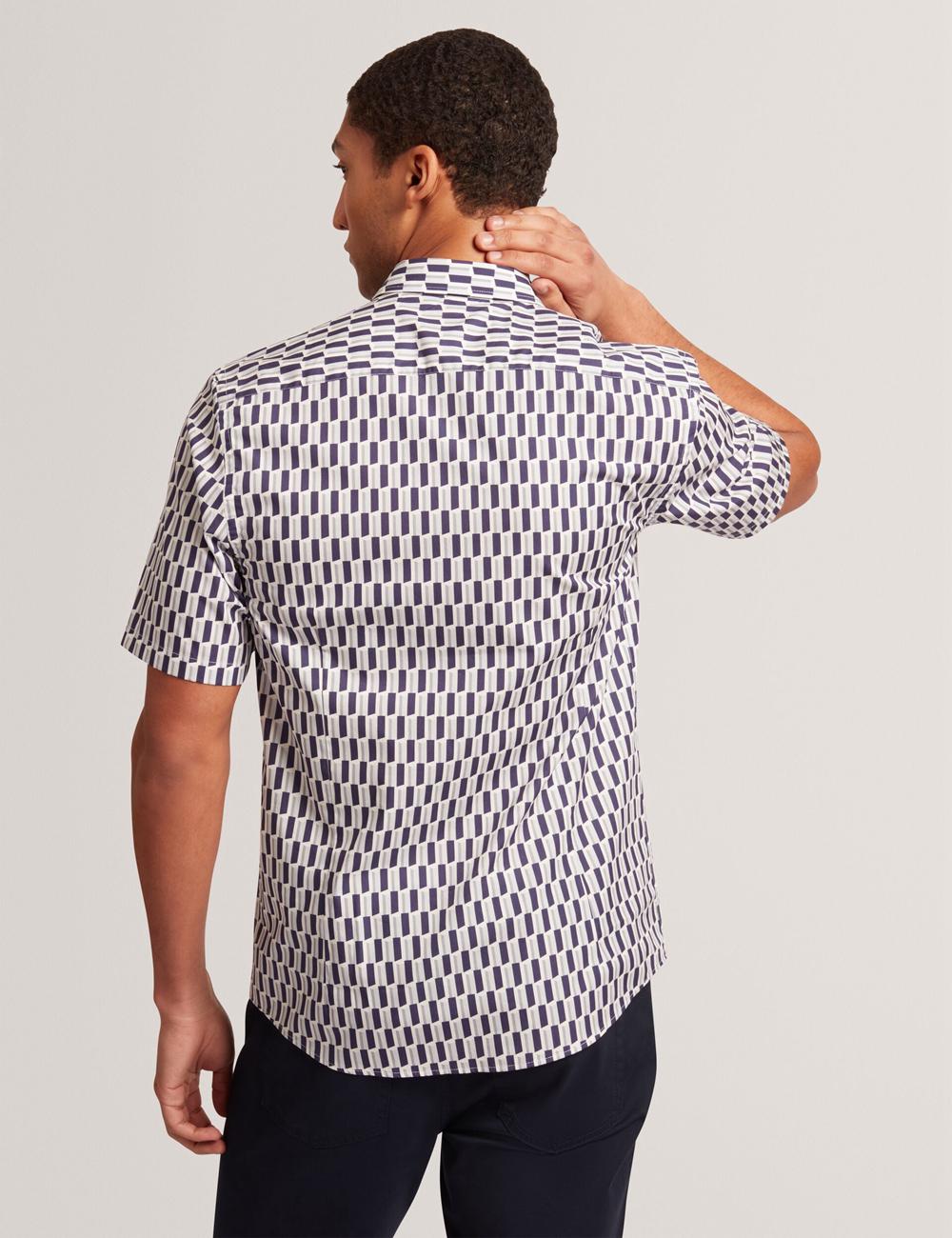 Chemises Ted Baker PEARSOS - Geo Print Short Sleeve Cotton Homme Bleu Marine | Paris  27605-BMKP