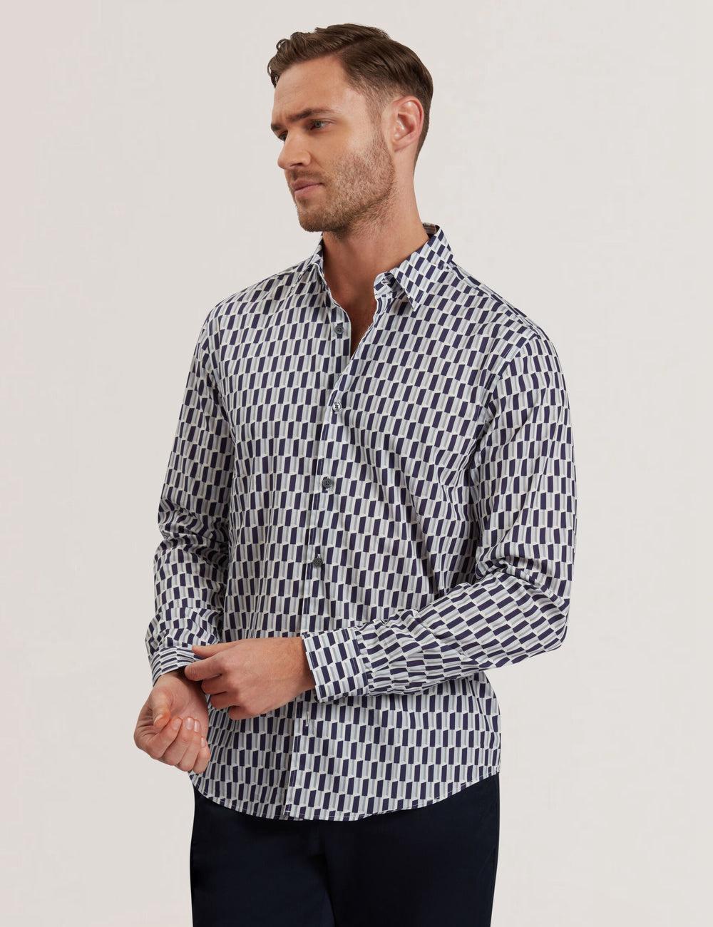 Chemises Ted Baker PEARSO - Geometric Stripe Long Sleeve Cotton Homme Bleu Marine | Paris  62958-FZMK