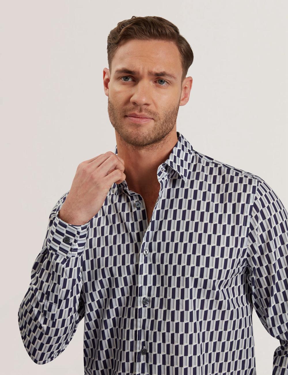 Chemises Ted Baker PEARSO - Geometric Stripe Long Sleeve Cotton Homme Bleu Marine | Paris  62958-FZMK