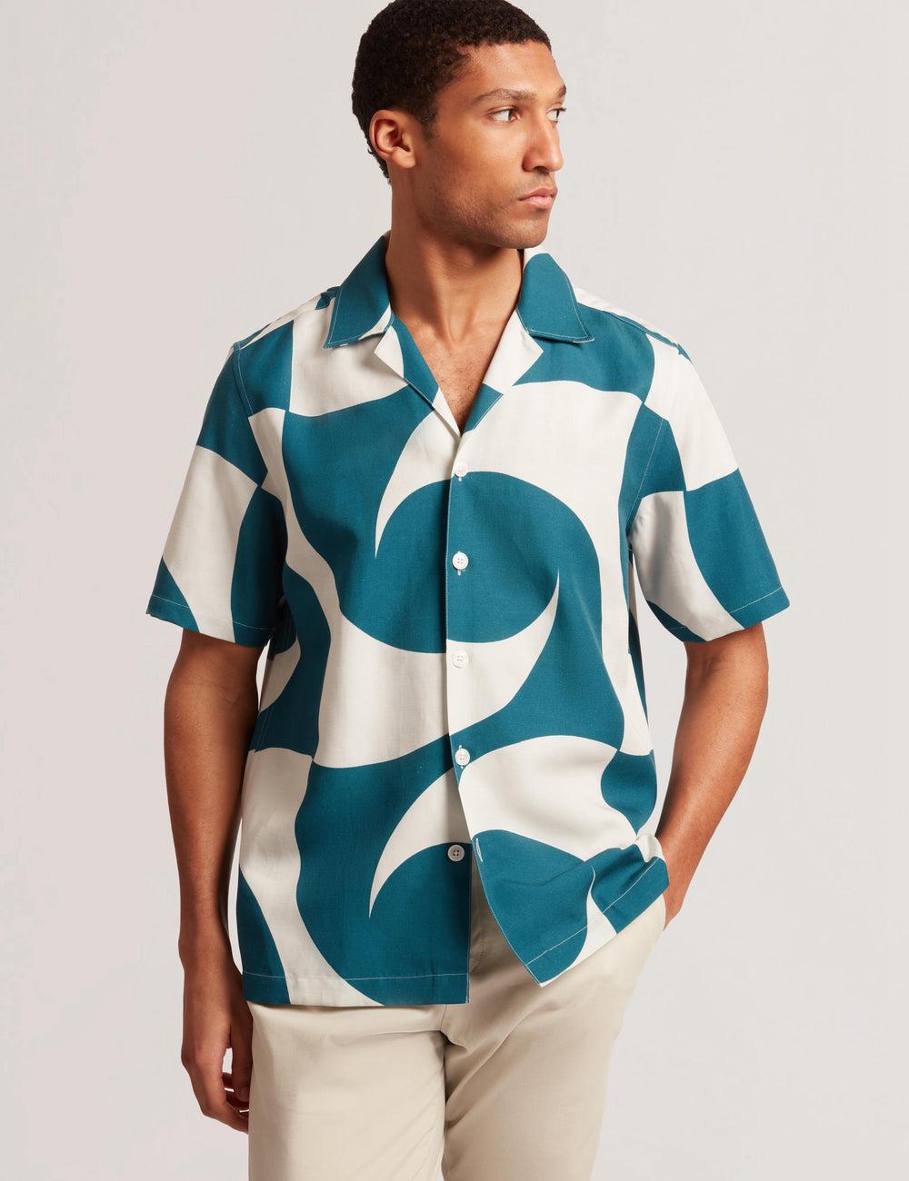 Chemises Ted Baker ROLDAN - Short Sleeve Oversized Swirl Print Homme Turquoise | Paris  43761-STKP