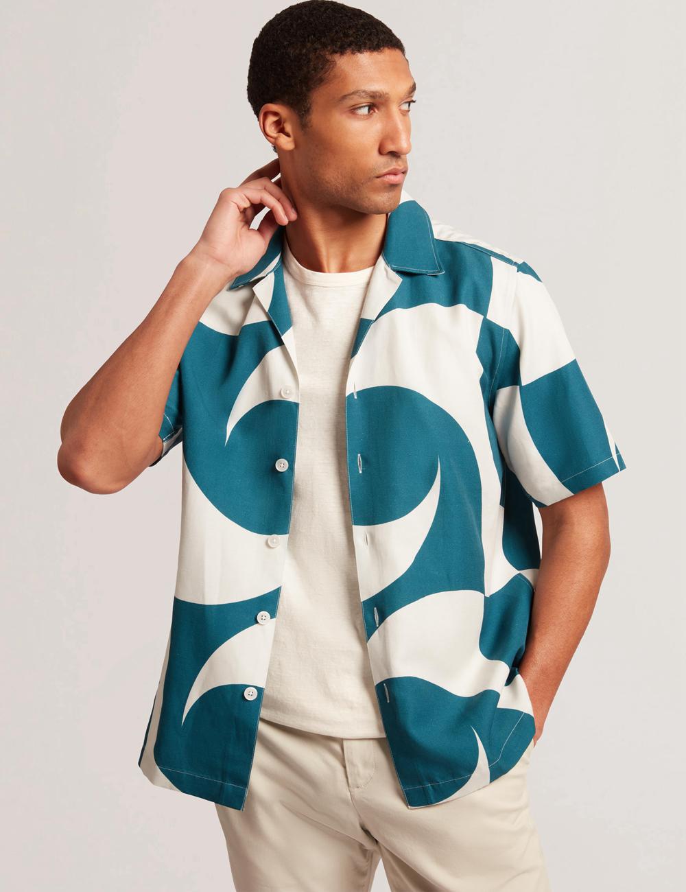 Chemises Ted Baker ROLDAN - Short Sleeve Oversized Swirl Print Homme Turquoise | Paris  43761-STKP