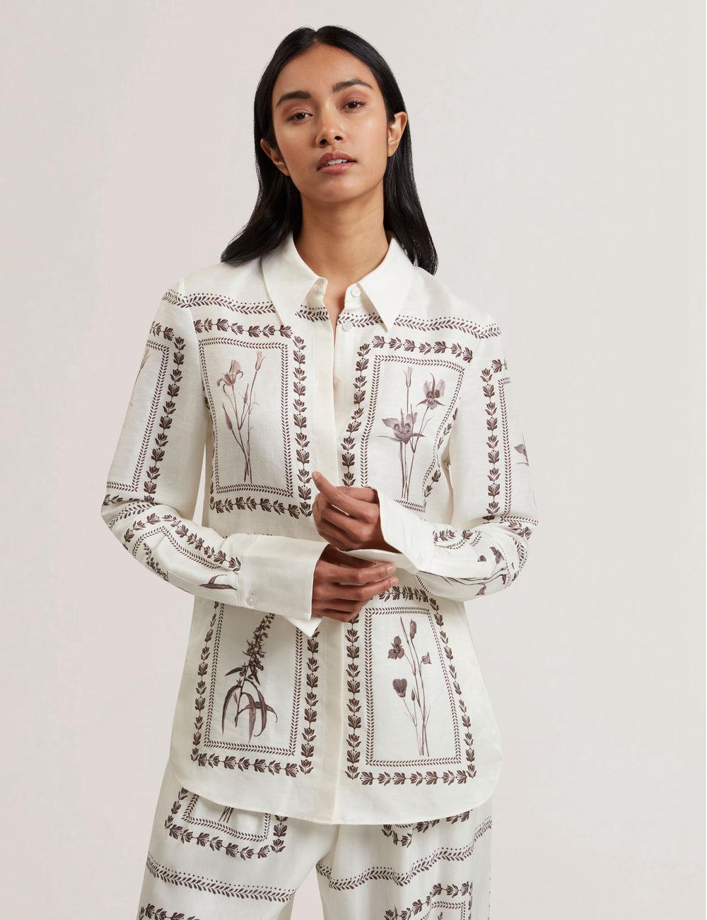 Chemises Ted Baker SIMCOA - Panel Print Silk Linen Longline Femme Ivory | Paris  97612-FJIT