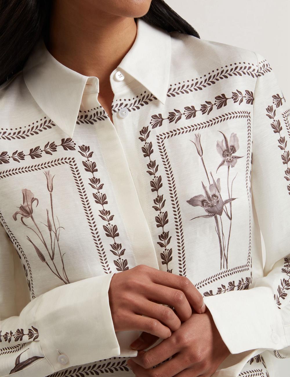 Chemises Ted Baker SIMCOA - Panel Print Silk Linen Longline Femme Ivory | Paris  97612-FJIT