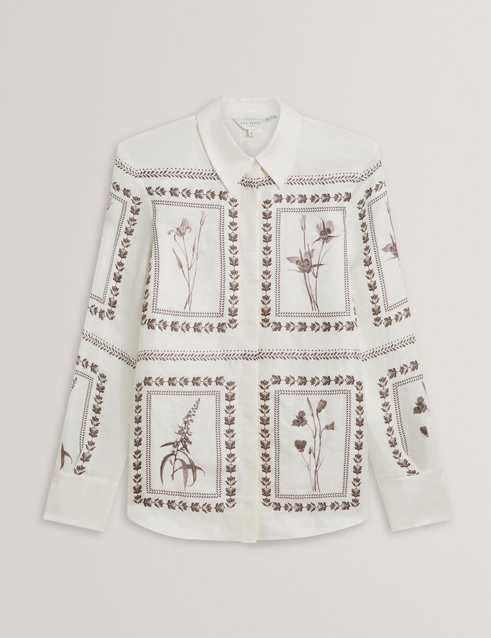 Chemises Ted Baker SIMCOA - Panel Print Silk Linen Longline Femme Ivory | Paris  97612-FJIT