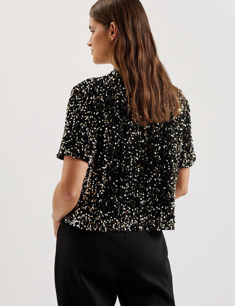 Chemises Ted Baker ZARHAAA - Sequined Velvet Short Sleeve Top Femme Noir | Paris  52178-NDWR