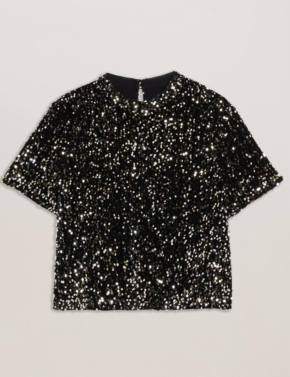Chemises Ted Baker ZARHAAA - Sequined Velvet Short Sleeve Top Femme Noir | Paris  52178-NDWR