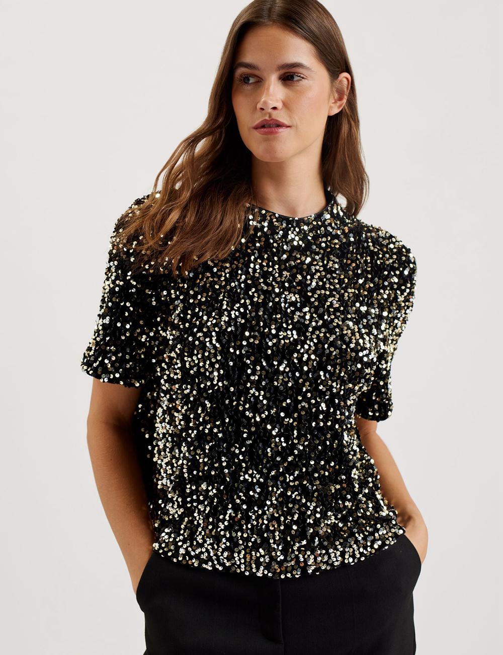 Chemises Ted Baker ZARHAAA - Sequined Velvet Short Sleeve Top Femme Noir | Paris  52178-NDWR