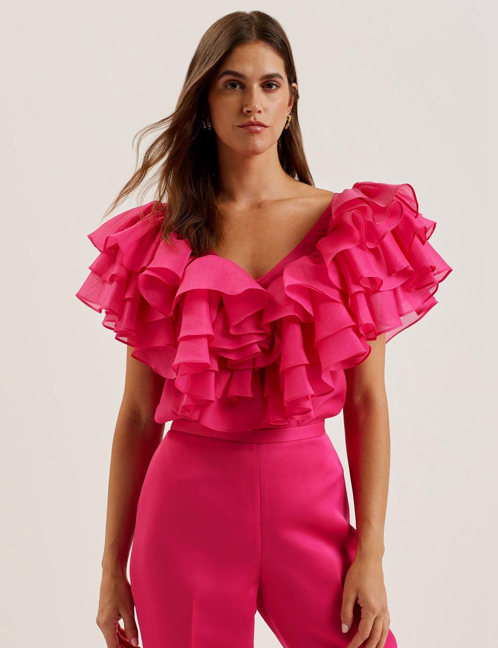 Chemisier Ted Baker CALONDA - Oversized Frill Trim V-Neck Top Femme Fushia | Paris  80697-VRNP