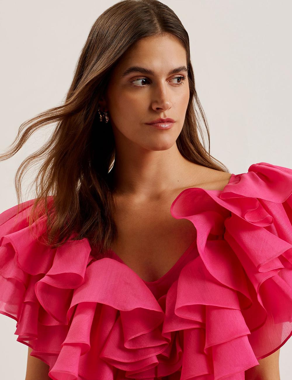 Chemisier Ted Baker CALONDA - Oversized Frill Trim V-Neck Top Femme Fushia | Paris  80697-VRNP